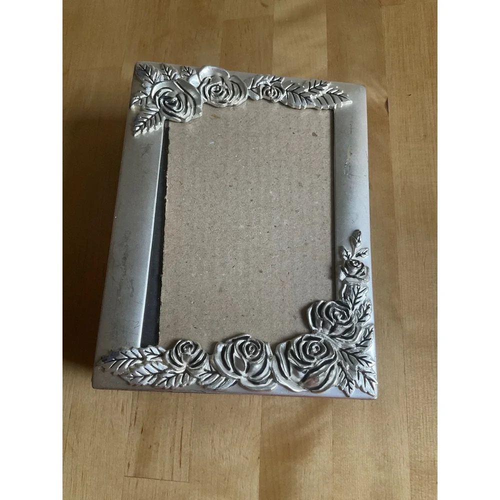 Silver Rose Floral Metal Picture Frame Photo Album Black Velvet Trim